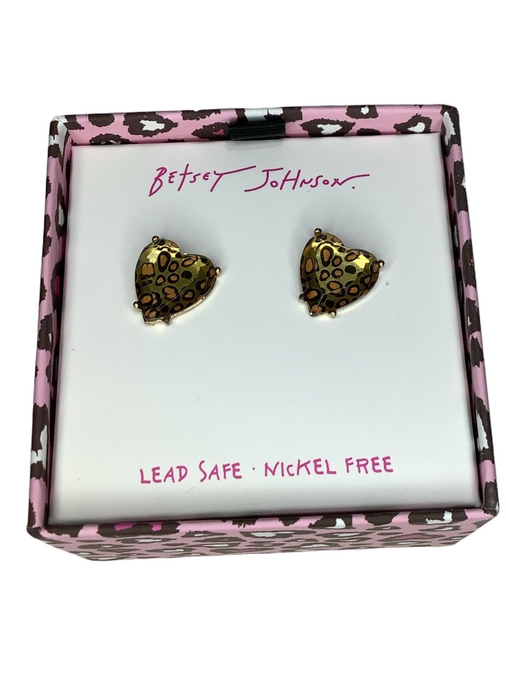 Betsey Johnson Leopard Print Heart Stud Earrings New